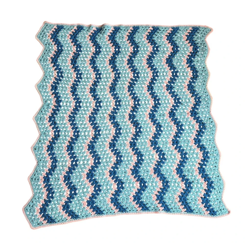 Vintage Hand made Crocheted Blue‎ Pink Baby Lap Blanket 40 x 44 inches